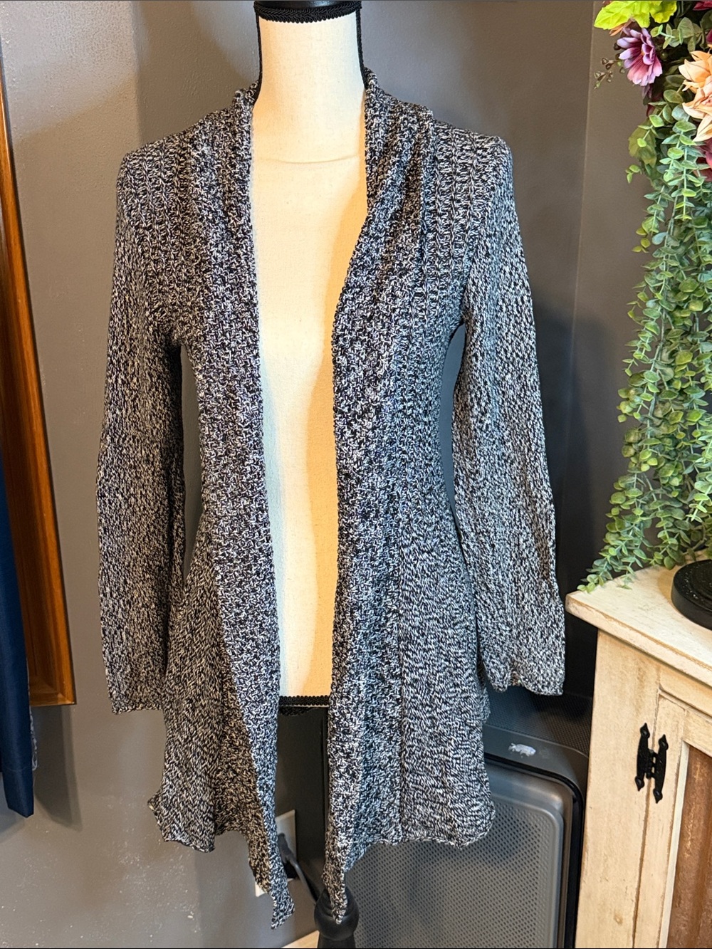Notations Black and White Marled Open Front Cardigan